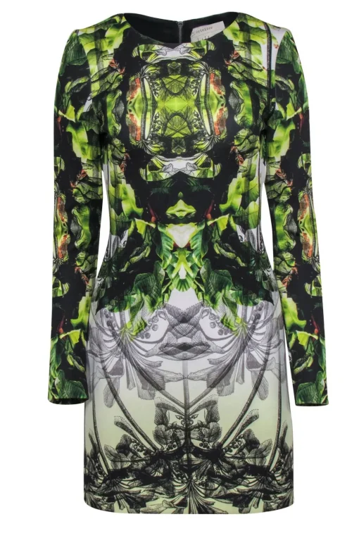 Nicole Miller - Black & Green Floral Print Long Sleeve Bodycon Dress Sz 6