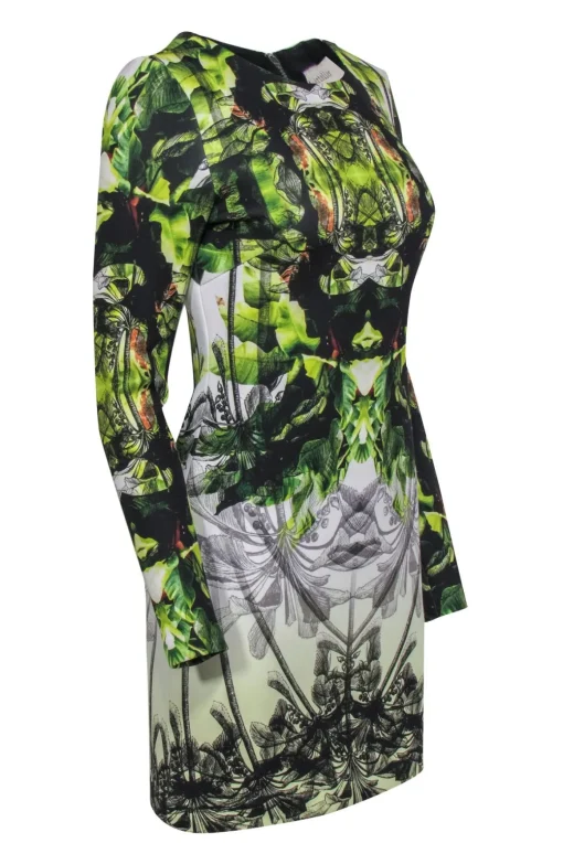 Nicole Miller - Black & Green Floral Print Long Sleeve Bodycon Dress Sz 6