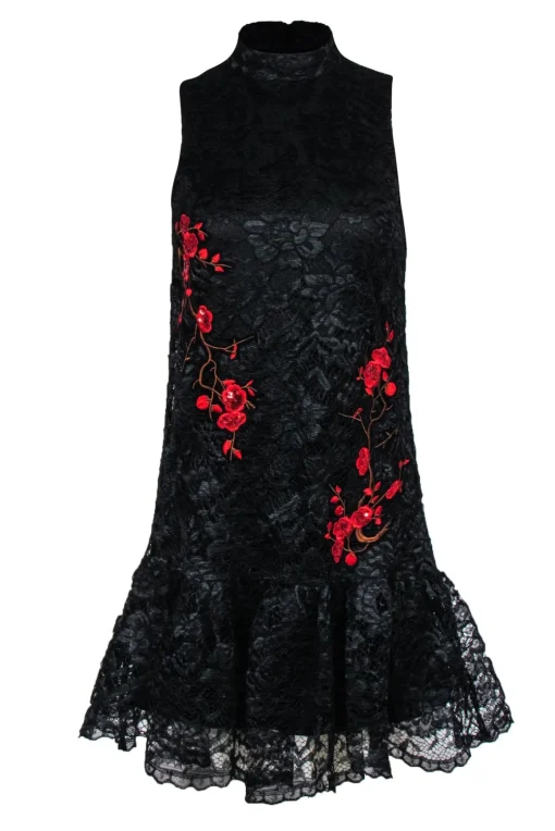 Nicole Miller - Black Lace Sleeveless Dress w/ Red Floral Embroidery Sz 2