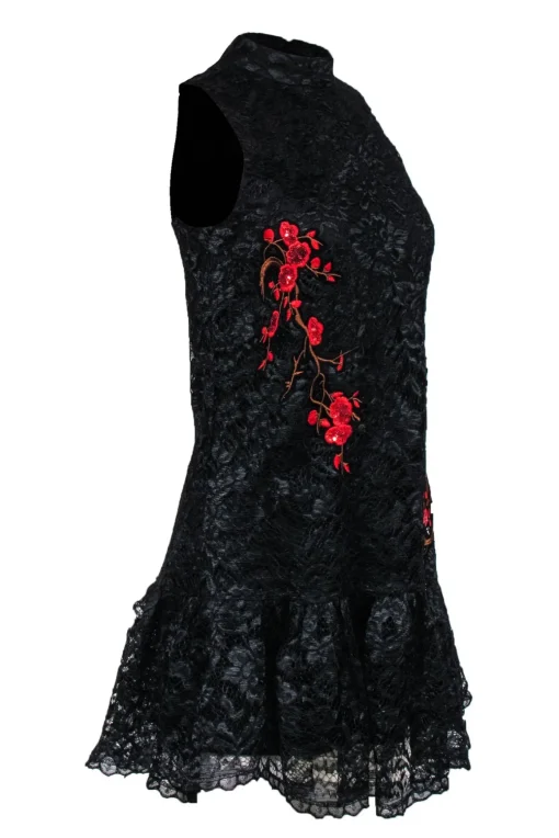 Nicole Miller - Black Lace Sleeveless Dress w/ Red Floral Embroidery Sz 2