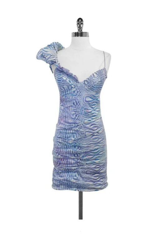 Nicole Miller - Blue & White Print Silk One Shoulder Dress Sz 2