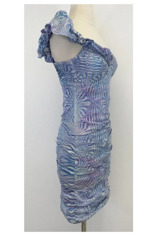 Nicole Miller - Blue & White Print Silk One Shoulder Dress Sz 2