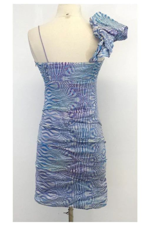 Nicole Miller - Blue & White Print Silk One Shoulder Dress Sz 2