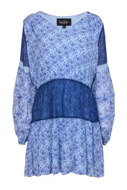 Nicole Miller - Blue Floral Silk Patchwork Peasant Dress Sz L