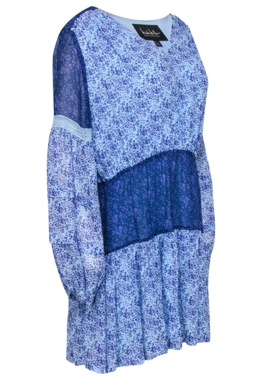 Nicole Miller - Blue Floral Silk Patchwork Peasant Dress Sz L