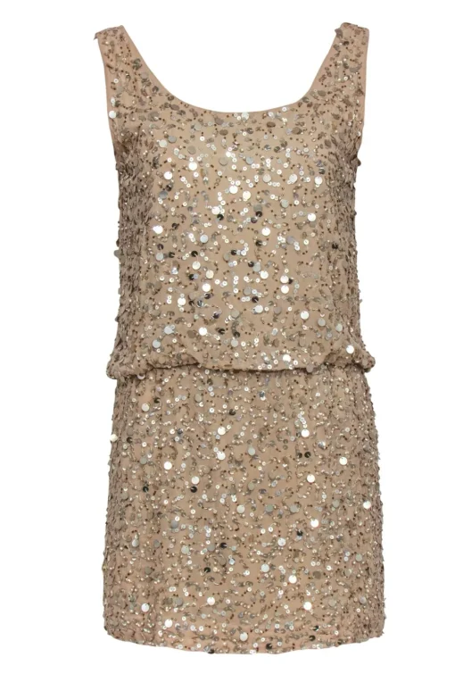 Nicole Miller - Bronze Sequin Silk Cocktail Dress w/ Draped Back Sz M