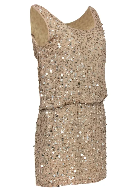 Nicole Miller - Bronze Sequin Silk Cocktail Dress w/ Draped Back Sz M