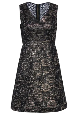 Nicole Miller - Gold & Black Floral Jacquard Fit & Flare Dress w/ Lace Paneling Sz 4