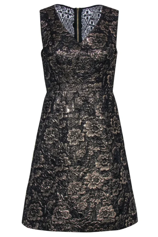 Nicole Miller - Gold & Black Floral Jacquard Fit & Flare Dress w/ Lace Paneling Sz 4