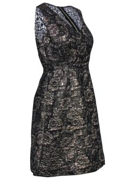 Nicole Miller - Gold & Black Floral Jacquard Fit & Flare Dress w/ Lace Paneling Sz 4