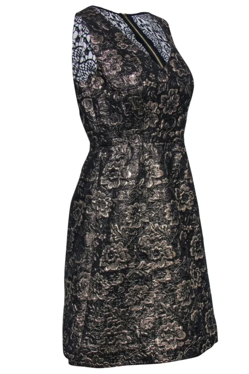 Nicole Miller - Gold & Black Floral Jacquard Fit & Flare Dress w/ Lace Paneling Sz 4