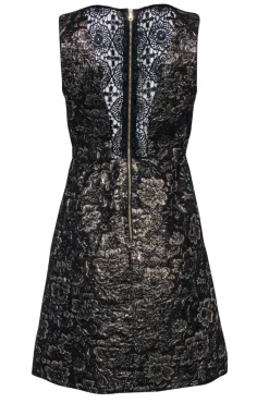 Nicole Miller - Gold & Black Floral Jacquard Fit & Flare Dress w/ Lace Paneling Sz 4