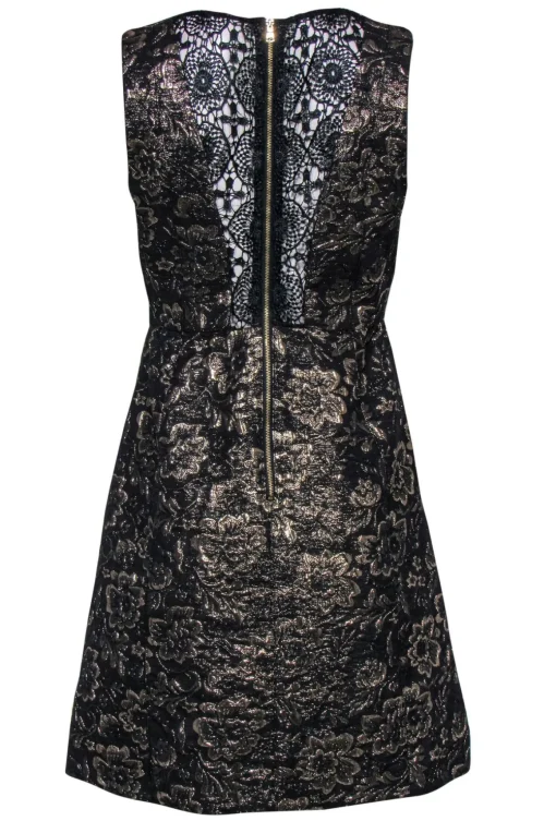 Nicole Miller - Gold & Black Floral Jacquard Fit & Flare Dress w/ Lace Paneling Sz 4