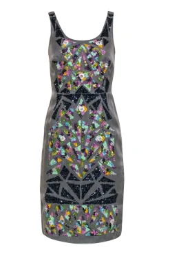 Nicole Miller - Grey Silk Sheath Dress w/ Multicolor Sequin & Jeweled Design Sz 4