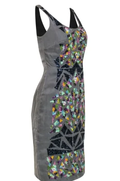 Nicole Miller - Grey Silk Sheath Dress w/ Multicolor Sequin & Jeweled Design Sz 4