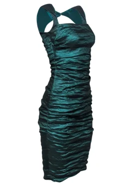 Nicole Miller - Metallic Emerald Green Ruched Backless Dress Sz 4