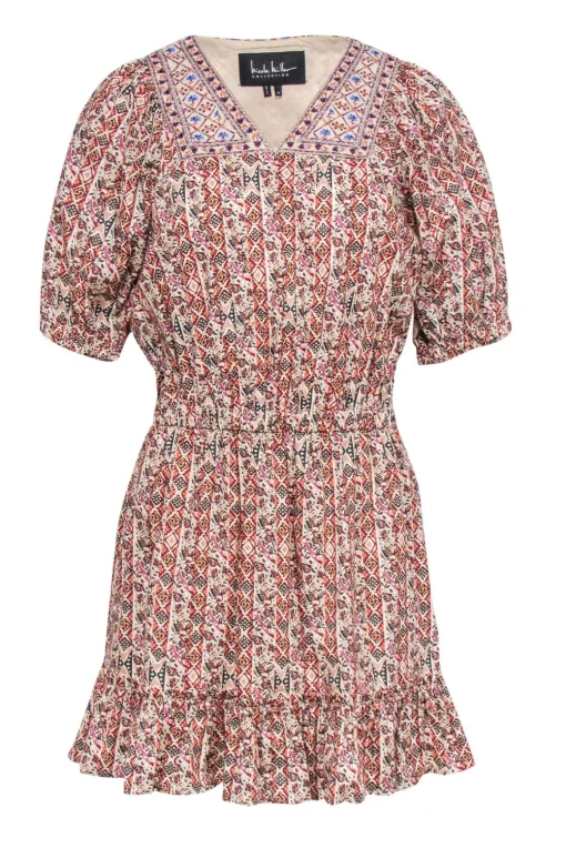 Nicole Miller - Multicolor Tribal Print Mini Dress w/ Embroidered Neckline Sz 10