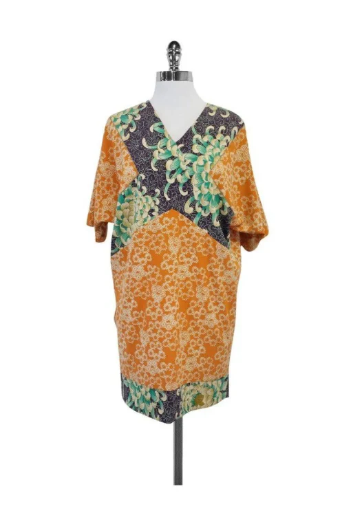 Nicole Miller - Orange & Aqua Floral Silk Dress Sz 2