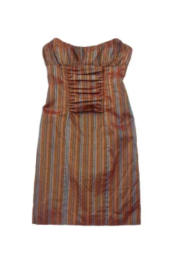 Nicole Miller - Rust & Blue Striped Silk Strapless Dress Sz 10