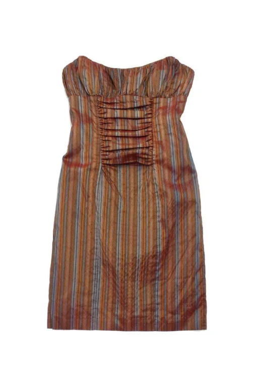 Nicole Miller - Rust & Blue Striped Silk Strapless Dress Sz 10