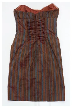 Nicole Miller - Rust & Blue Striped Silk Strapless Dress Sz 10