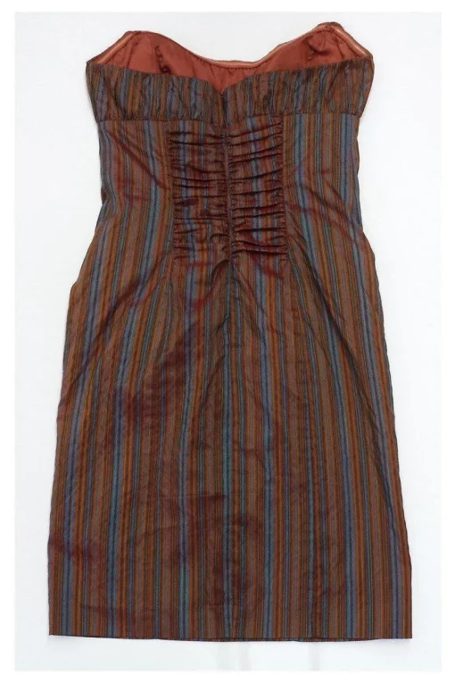 Nicole Miller - Rust & Blue Striped Silk Strapless Dress Sz 10