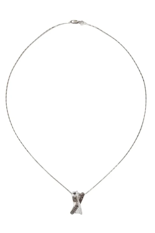 No Label - 14K White Gold w/ White & Brown Diamond Pendant Necklace