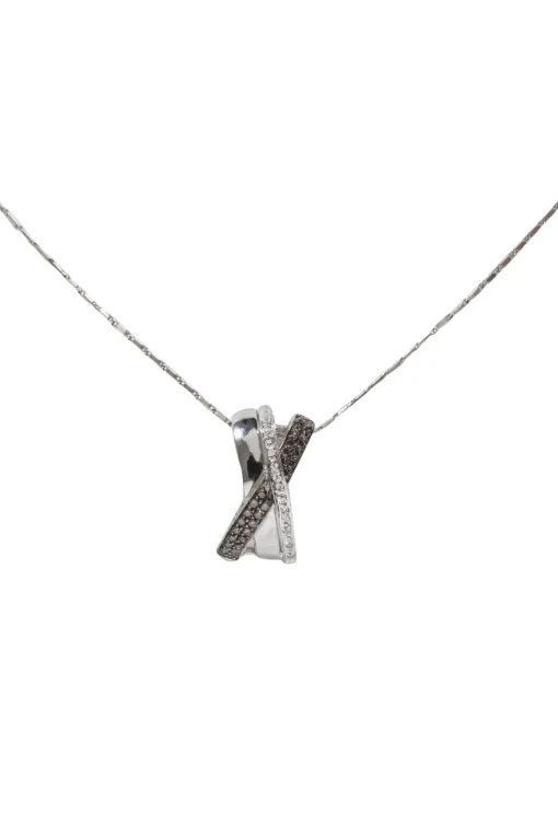 No Label - 14K White Gold w/ White & Brown Diamond Pendant Necklace