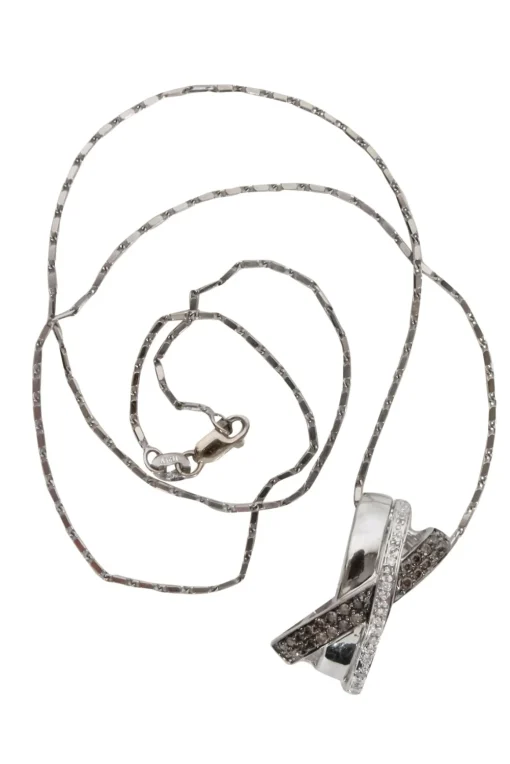 No Label - 14K White Gold w/ White & Brown Diamond Pendant Necklace