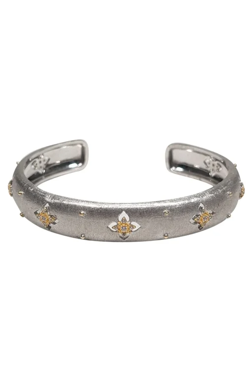 No Label - Sterling Silver Cuff Bracelet w/ Gold Textured Rhinestone Design