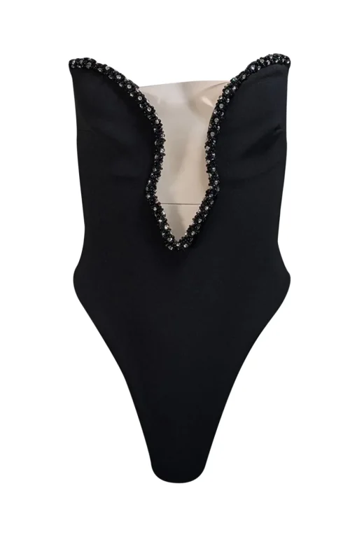 Nookie - Black Embellished Plunge Neck Strapless Bodysuit Sz S