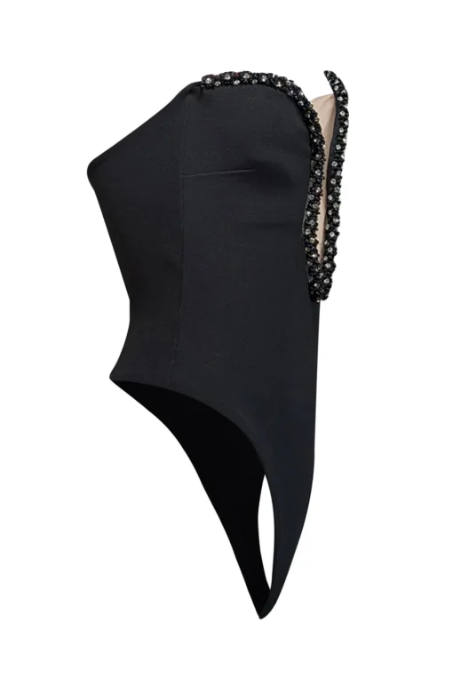 Nookie - Black Embellished Plunge Neck Strapless Bodysuit Sz S