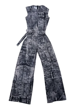 Norma Kamali - Grey & Cream Denim Printed Jumpsuit Sz S
