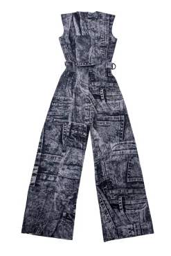 Norma Kamali - Grey & Cream Denim Printed Jumpsuit Sz S