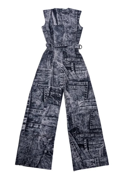 Norma Kamali - Grey & Cream Denim Printed Jumpsuit Sz S