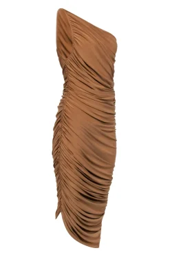 Norma Kamali - Tan One-Shoulder Draped Bodycon Gown Sz S