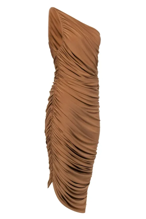 Norma Kamali - Tan One-Shoulder Draped Bodycon Gown Sz S