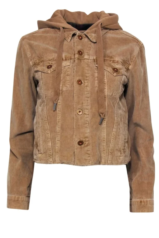 NSF - Tan Cropped Button-Up Hooded Corduroy Jacket Sz S