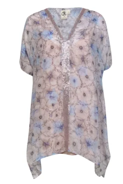 One September - Light Blue & Pink Floral Print Tunic w/ Sequin Trim Sz S