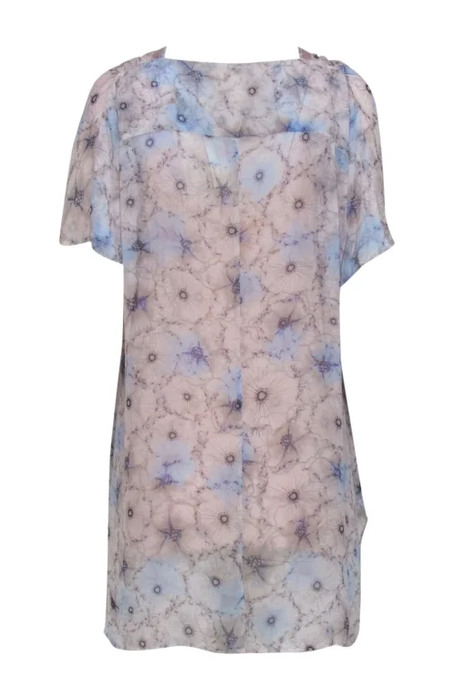 One September - Light Blue & Pink Floral Print Tunic w/ Sequin Trim Sz S