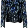 O.R. Silk - Vintage Black & Blue Floral Sequined Blouse Sz S