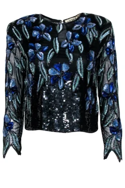 O.R. Silk - Vintage Black & Blue Floral Sequined Blouse Sz S