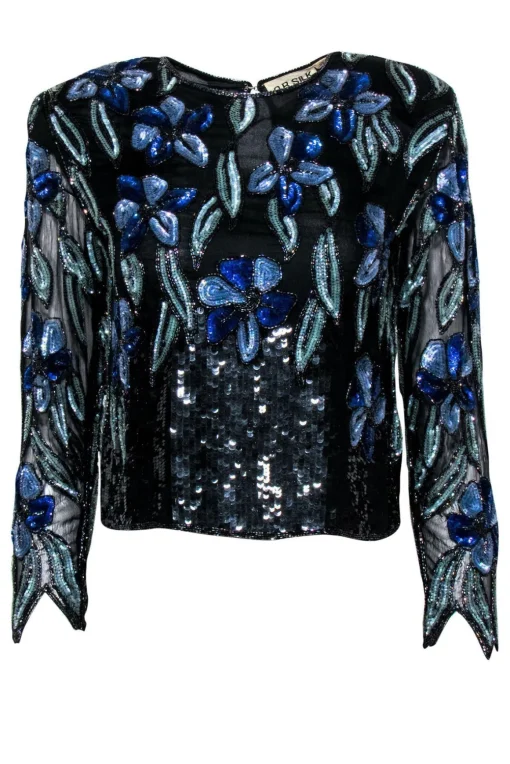 O.R. Silk - Vintage Black & Blue Floral Sequined Blouse Sz S