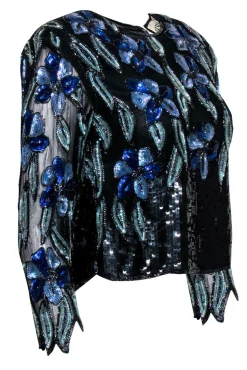 O.R. Silk - Vintage Black & Blue Floral Sequined Blouse Sz S