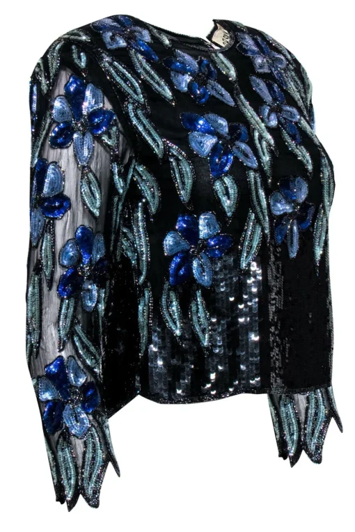 O.R. Silk - Vintage Black & Blue Floral Sequined Blouse Sz S