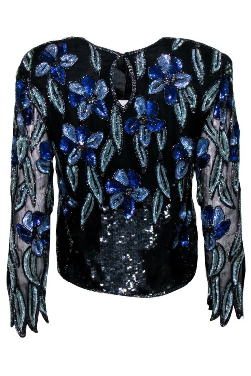 O.R. Silk - Vintage Black & Blue Floral Sequined Blouse Sz S