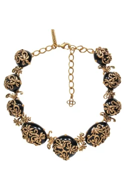 Oscar de la Renta - Gold & Black Stone Necklace w/ Flowers