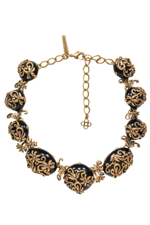 Oscar de la Renta - Gold & Black Stone Necklace w/ Flowers