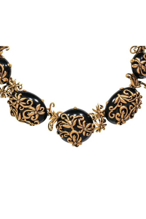 Oscar de la Renta - Gold & Black Stone Necklace w/ Flowers