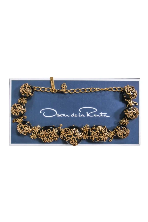 Oscar de la Renta - Gold & Black Stone Necklace w/ Flowers
